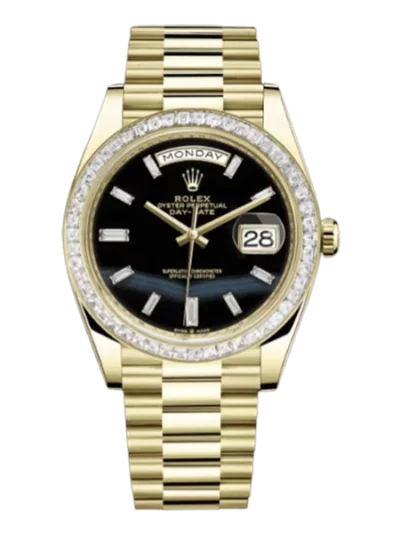 Rolex Day-Date 228398Tbr Onbdp Onyx Dial 18K Yellow Gold And Baguette Diamond Paved Bezel 40Mm 18K Yellow Gold Men’S Watch