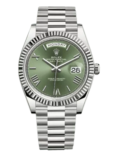 Rolex Day-Date 228239 Ogrp Olive Green Beveled Roman Fluted Bezel Dial 40Mm 18Kt White Gold Jubilee Bracelet Men’S Watch