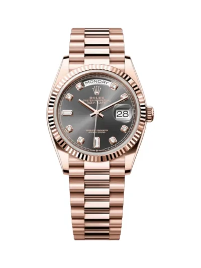 Rolex Day-Date 36 President 128235-0050 18K Everose Gold Fluted Bezel 36mm Slate Gray Dial Ladies Watch