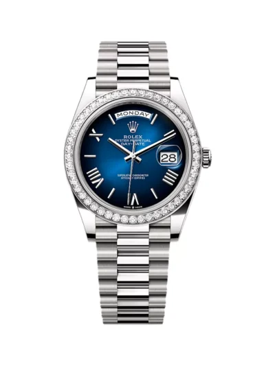 Rolex Day-Date 40 228349RBR-0045 White Gold Diamond-set Bezel President Bracelet 40mm Blue Ombré Dial Unisex Watch
