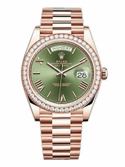 Rolex Day-Date 228345RBR OGRP 18K Everose Gold Diamond Bezel 40mm Olive Green Roman Dial Men’s Watch