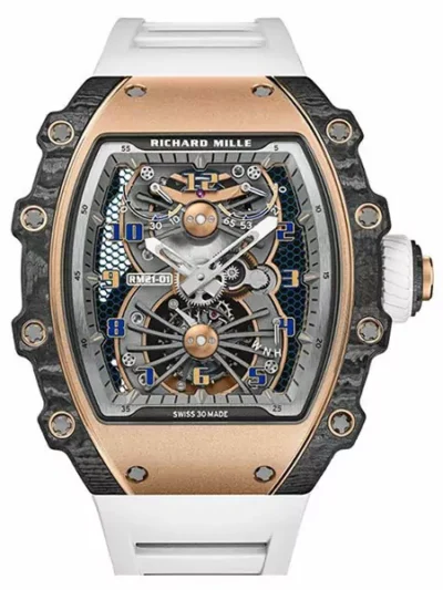 Richard Mille Rm 21-01 Tourbillon Aerodyne Rose Gold & Carbon Dial 42.68Mm X 50.12Mm White Rubber Straps Men’S Watch