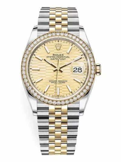 Rolex Oyster Perpetual Datejust 126283Rbr Gflmij 36Mm Golden Fluted Dial Diamond-Set Bezel Jubilee Unisex Watch
