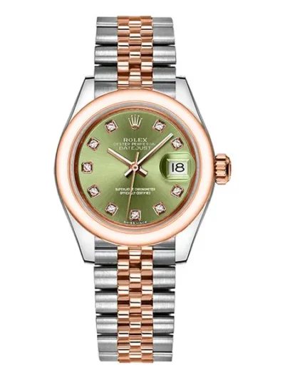 Rolex Datejust Everose Gold Rolesor And Stainless Steel 28Mm Domed Bezel With Olive Green Diamond Dial In Jubilee Bracelet Ladies Watch